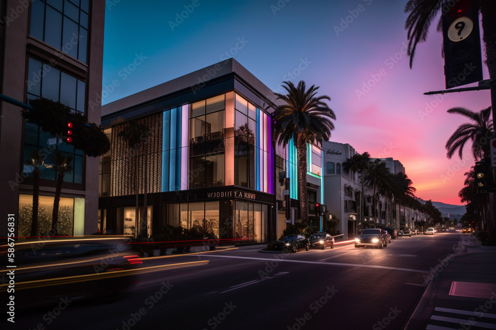 Beverly Hills on sunset. Car traffic on street in city of California, USA. Luxury car on Beverly Hills street. Streets with palm trees in California, Los Angeles, Hollywood. Ai generative illustration