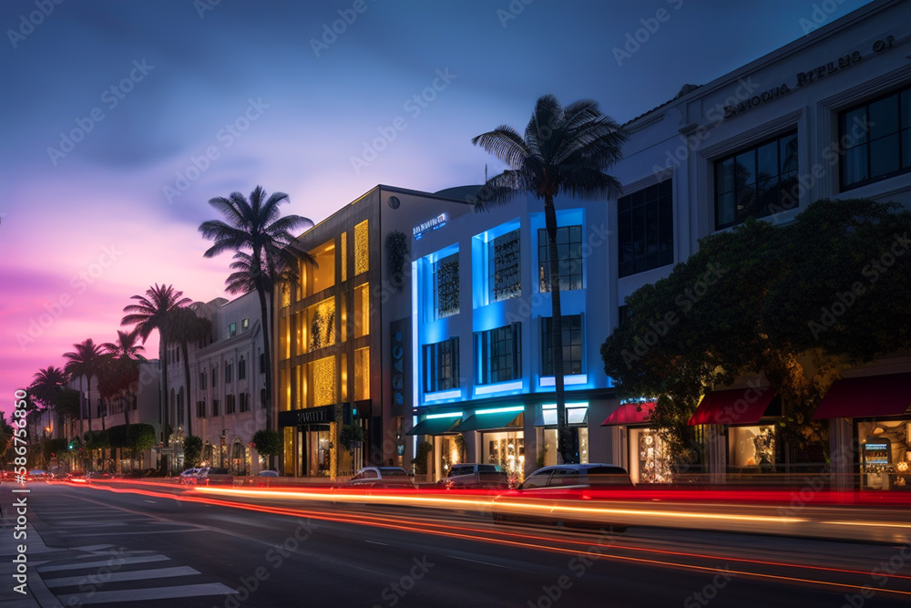 Obraz premium Beverly Hills on sunset. Car traffic on street in city of California, USA. Luxury car on Beverly Hills street. Streets with palm trees in California, Los Angeles, Hollywood. Ai generative illustration
