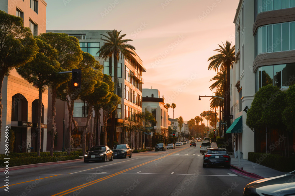 Beverly Hills on sunset. Car traffic on street in city of California, USA. Luxury car on Beverly Hills street. Streets with palm trees in California, Los Angeles, Hollywood. Ai generative illustration