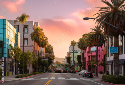 Beverly Hills on sunset. Car traffic on street in city of California, USA. Luxury car on Beverly Hills street. Streets with palm trees in California, Los Angeles, Hollywood. Ai generative illustration photo