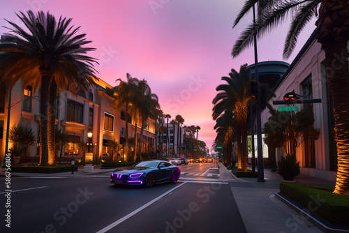 Beverly Hills on sunset. Car traffic on street in city of California, USA. Luxury car on Beverly Hills street. Streets with palm trees in California, Los Angeles, Hollywood. Ai generative illustration © MaxSafaniuk