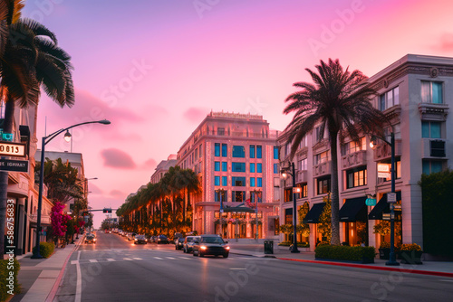Beverly Hills on sunset. Car traffic on street in city of California, USA. Luxury car on Beverly Hills street. Streets with palm trees in California, Los Angeles, Hollywood. Ai generative illustration
