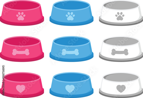 Dog bowl in different colors paw, bone and heart icons on bowl, vector illustrations clip arts