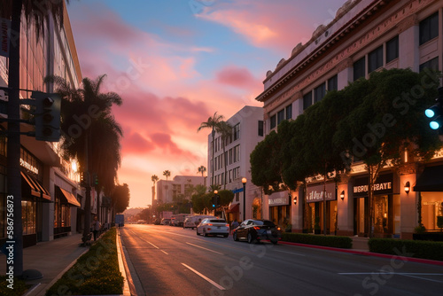 Beverly Hills on sunset. Car traffic on street in city of California, USA. Luxury car on Beverly Hills street. Streets with palm trees in California, Los Angeles, Hollywood. Ai generative illustration © MaxSafaniuk