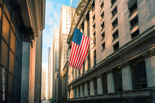 Wall Street in New York. American flag on Building of New York Stock Exchange. Federal Reserve bank and Global banking crisis. Dollar Collapse and exchange rate. Wall Street, Ai generative.