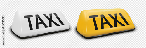 Vector 3d Realistic White and Yellow French Taxi Sign Icon Set Closeup Isolated. Design template for Taxi Service, Mockup. Front, Half Turn View