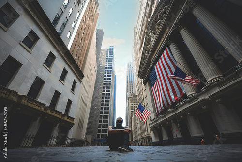 Wall Street in New York. American flag on Building of New York Stock Exchange. Federal Reserve bank and Global banking crisis. Dollar Collapse and exchange rate. Wall Street, Ai generative.