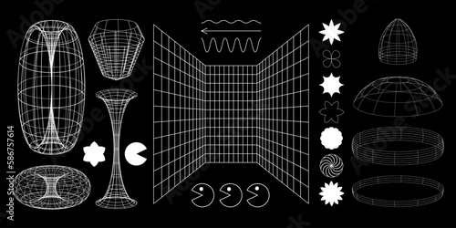 Aesthetic y2k geometric abstract isolated shape and wire-frame. Vector illustration for social media or poster on black background.