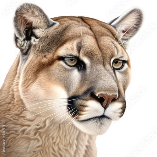 an isolated mountain lion cougar portrait, fierce jungle-themed photorealistic illustration on a transparent background in PNG. Generative AI