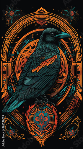 crow retro illustration. raven with retro pattern.