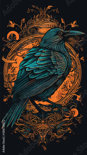crow retro illustration. raven with retro pattern.