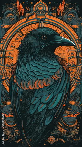 crow retro illustration. raven with retro pattern.