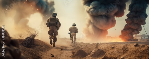 Soldiers walks through a desert with smoke coming out of his face. Generative AI