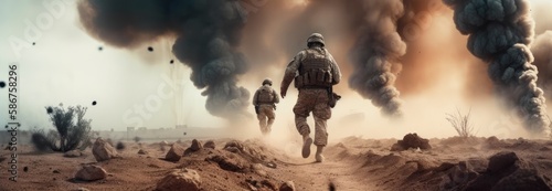 Soldiers walks through a desert with smoke coming out of his face. Generative AI photo