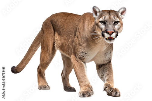 an isolated mountain lion cougar side-view, stalking prey, fierce mountain-themed photorealistic illustration on a transparent background in PNG. Generative AI