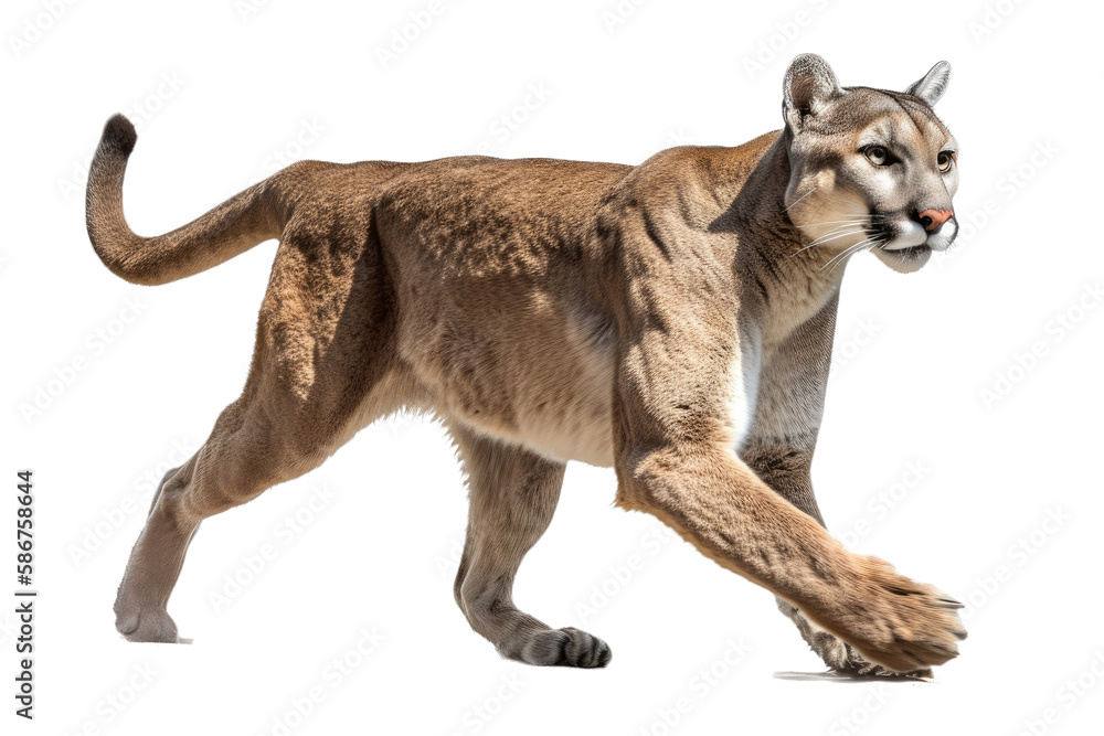 Obraz premium an isolated mountain lion cougar side-view, stalking prey, fierce mountain-themed photorealistic illustration on a transparent background in PNG. Generative AI