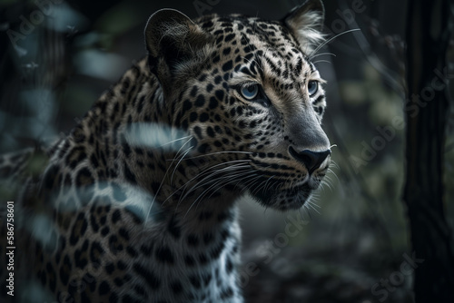 Serious look brutal, Amur leopard, powerful motley big cat looks straight through the eyes of a predator hunting for a prey. Generative AI