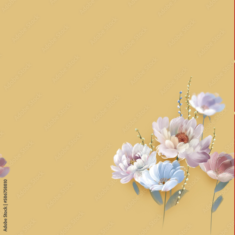 Fototapeta premium Watercolor various flowers, roses, peonies, reeds