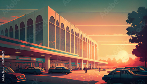Suburban shopping mall with parking lot and people in retro sunrise style, Generative AI photo