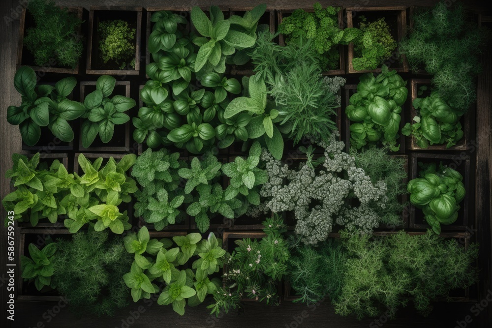 Cassettes for seedling aromatic herbs savory, rosemary and mint in a greenhouse under additional lighting Generative AI Cassettes for seedling aromatic herbs savory, rosemary and mint in a greenhouse under additional lighting Generative AI