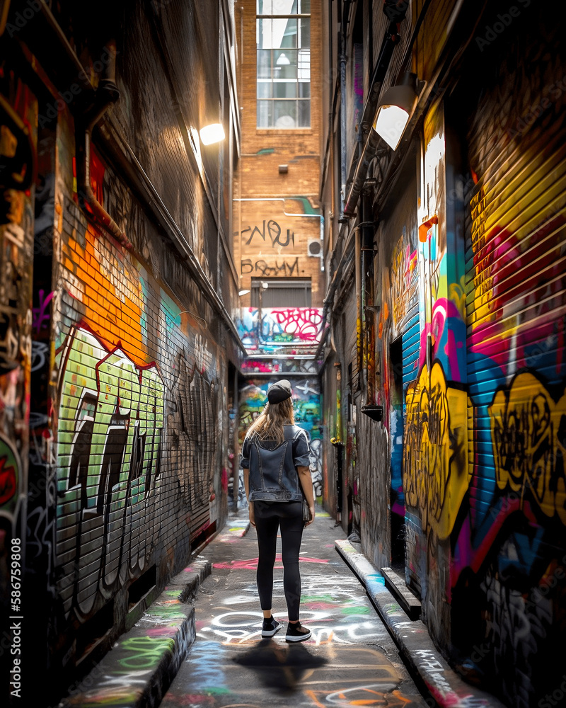 A Person in an Alley Full of Graffiti and Street Art, generative AI