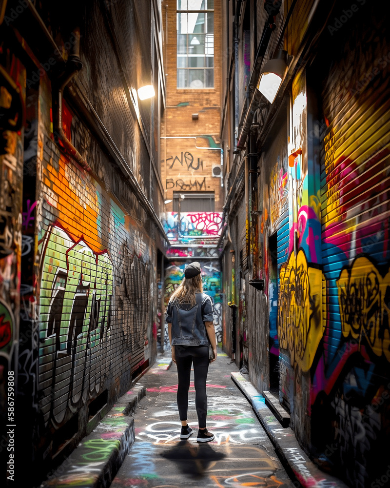 Obraz premium A Person in an Alley Full of Graffiti and Street Art, generative AI