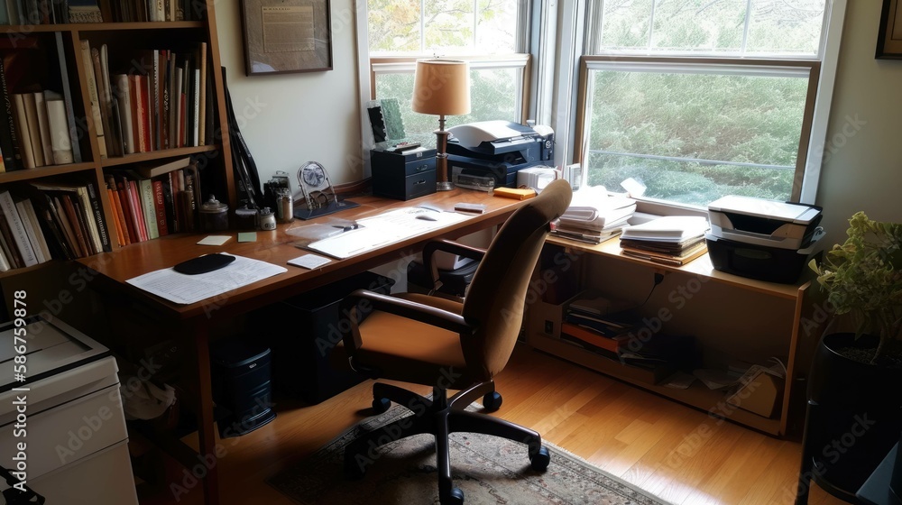 Interior design of a home office. Generative AI illustration. Interior design of a home office. Generative AI illustration.