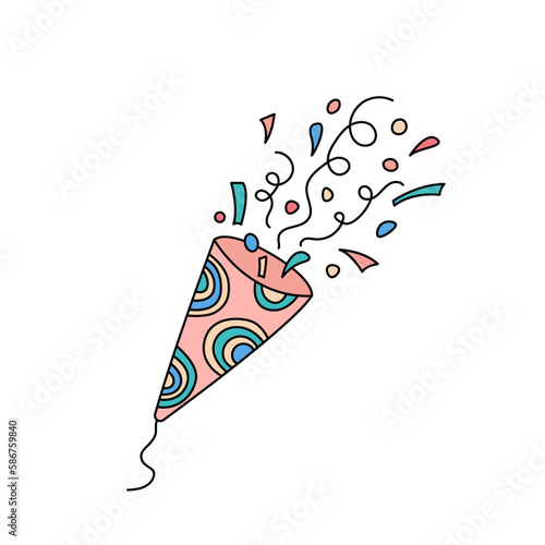 Happy birthday cracker. Party popper with confetti. Bday doodles. Vector cute hand drawn illustration. Kids holiday design element