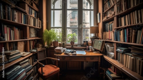 Wallpaper Mural Cozy home office interior design with bookshelves, wooden furnitures and large windows. Generative AI illustration. Torontodigital.ca