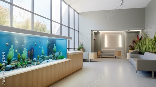 Modern hotel lobby or waiting room interior with an aquarium
