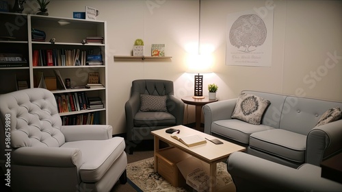 Modern living room interior design. Generative AI illustration.