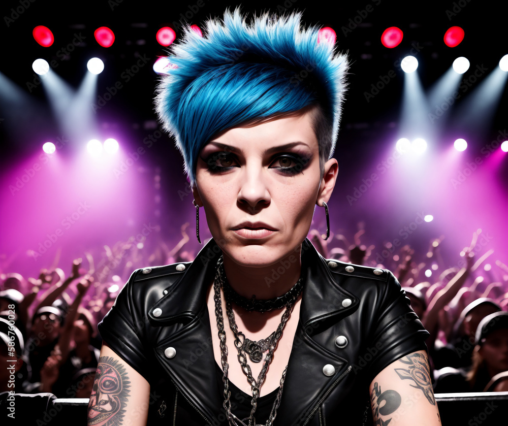 Portrait of a punk woman with punk hairstyle on stage. Generative AI.