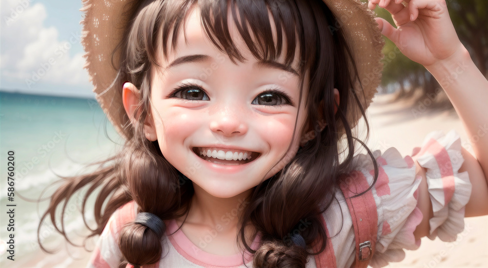 Little positive girl on background of ocean, sea. Portrait of happy kid with smile on face. Generative AI. Little positive girl on background of ocean, sea. Portrait of happy kid with smile on face. Generative AI.