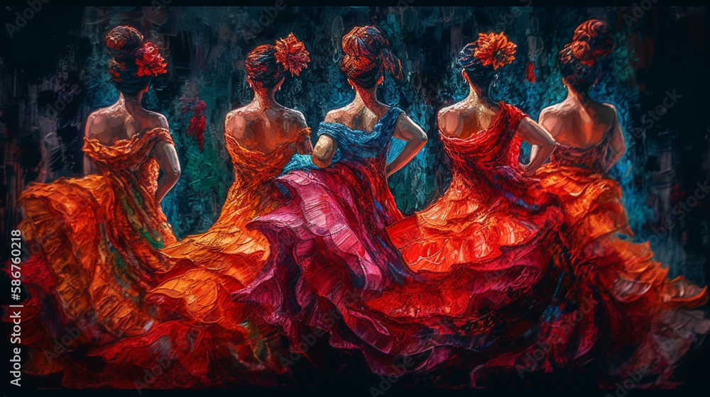 Flamenco dancers in colorful dresses on black background.generative ai