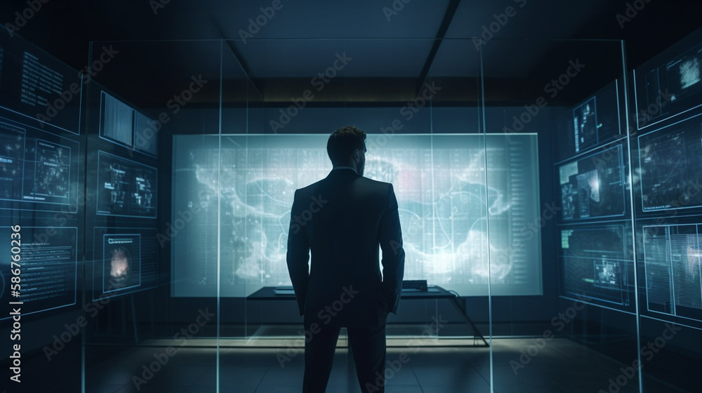 Businessman looking at futuristic hologram screen.generative ai Businessman looking at futuristic hologram screen.generative ai