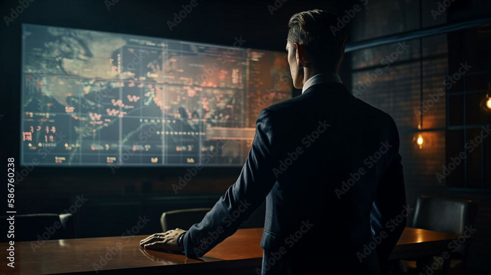Businessman looking at futuristic hologram screen.generative ai Businessman looking at futuristic hologram screen.generative ai