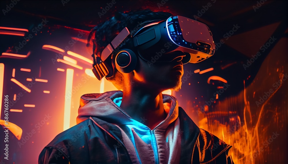 Fototapeta premium Virtual reality digital technology concept. Man wearing 3d VR headset glasses looks up, digital world. Virtual reality