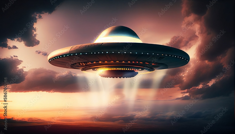 UFO, an alien saucer hovering above the field in the clouds, hovering motionless in the sky. Unidentified flying object UFO, an alien saucer hovering above the field in the clouds, hovering motionless in the sky. Unidentified flying object