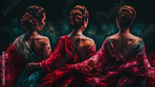 Flamenco dancers in colorful dresses on black background.generative ai