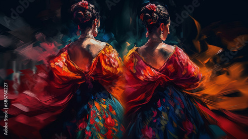 Flamenco dancers in colorful dresses on black background.generative ai