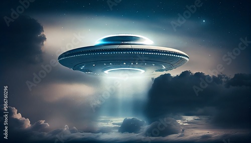 UFO  an alien saucer hovering above the field in the clouds  hovering motionless in the sky. Unidentified flying object