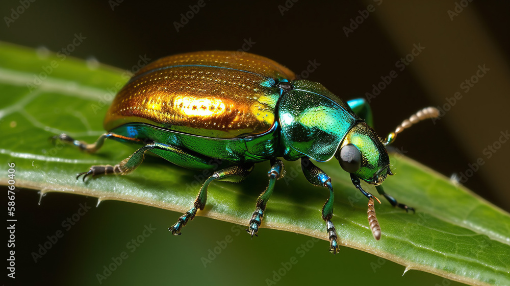 Iridescent Beetle on Leaf Generative AI Iridescent Beetle on Leaf Generative AI