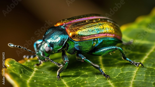 Iridescent Beetle on Leaf Generative AI © kreefax