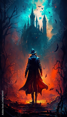 A wizard heading towards a dark castle, back view, Generative AI