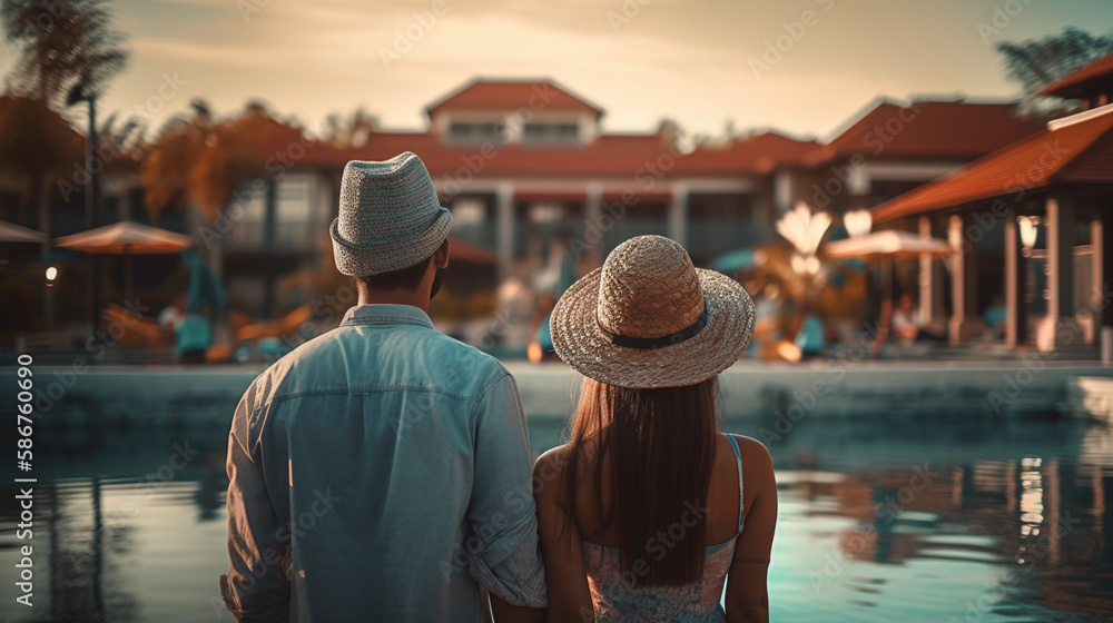 Rear view of senior couple looking at swimming pool at luxury resort.generative ai