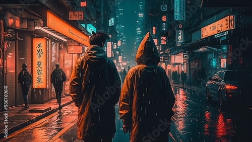 a couple of people walking down a rain soaked street, cyberpunk style, Generative AI