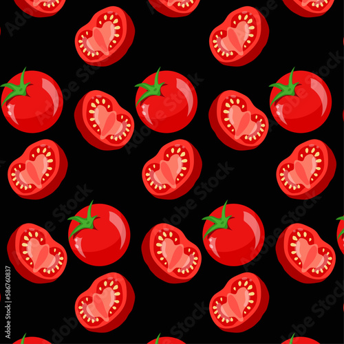vector pattern of tomatoes with a whole tomato and a slice, on a black background