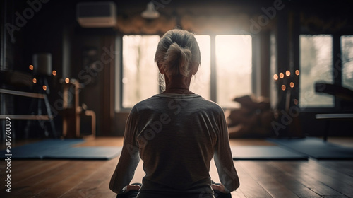 Senior woman doing yoga in living room at home. generative ai