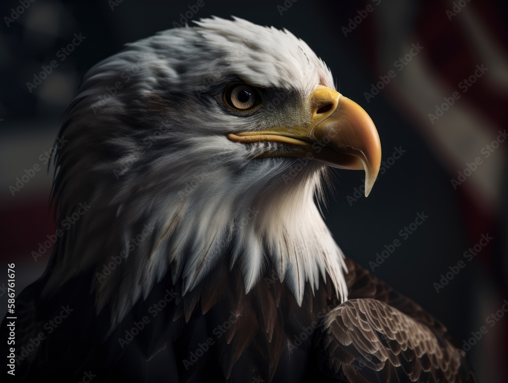 American bald eagle close-up with american flag