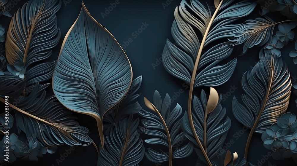 Luxury dark blue background with blue and gold leaves Generative AI Luxury dark blue background with blue and gold leaves Generative AI